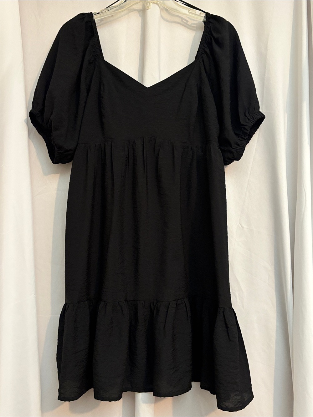 Nine West Black Babydoll, Puff-Sleeve, Tiered Mini Dress LBD Size Large - Picture 3 of 16
